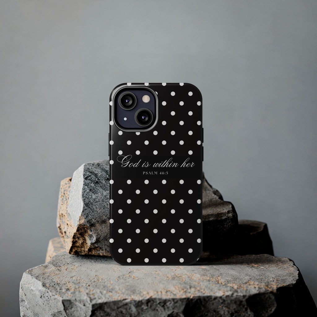 "God Is Within Her" Polka Dot Phone Case — Black & White