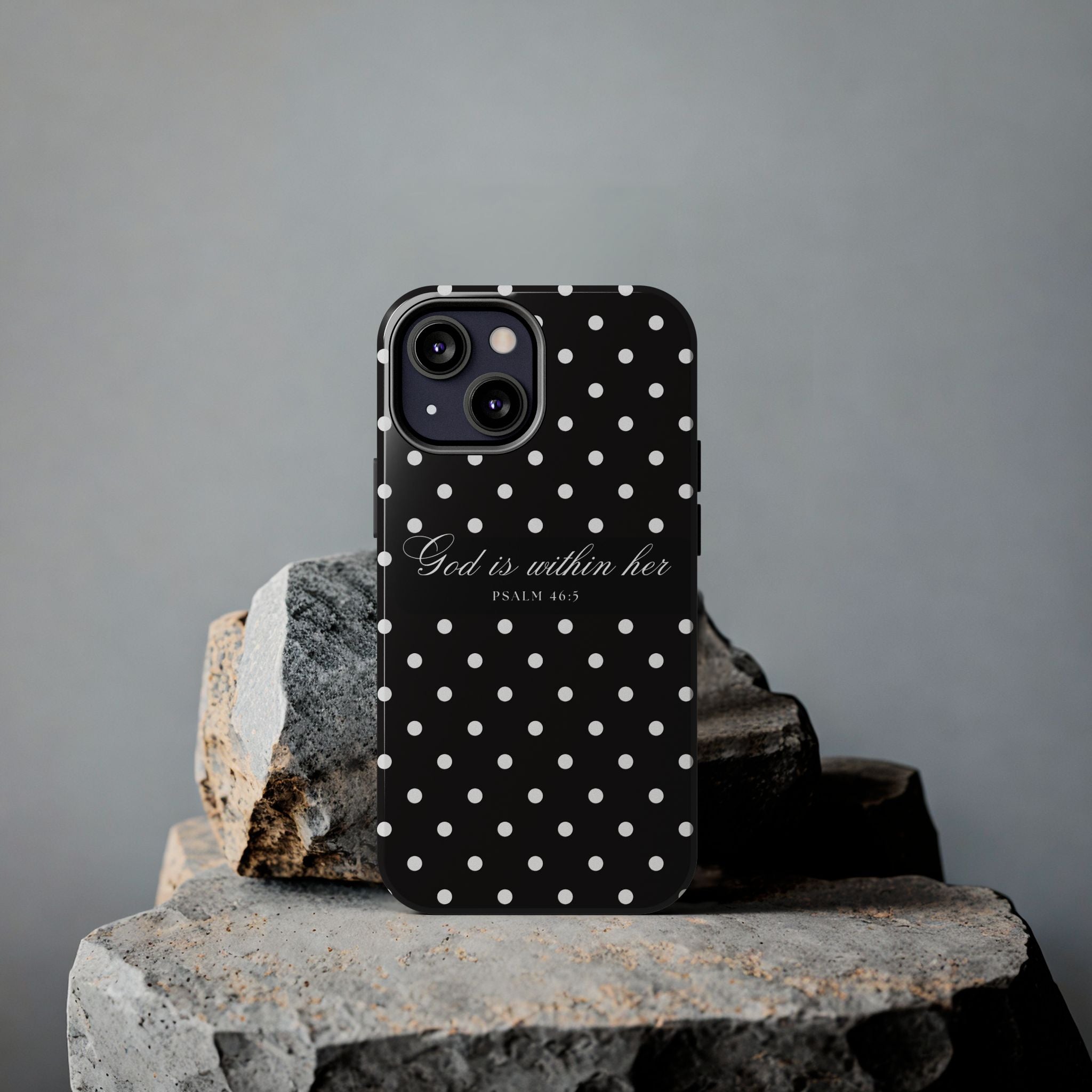"God Is Within Her" Polka Dot Phone Case — Black & White