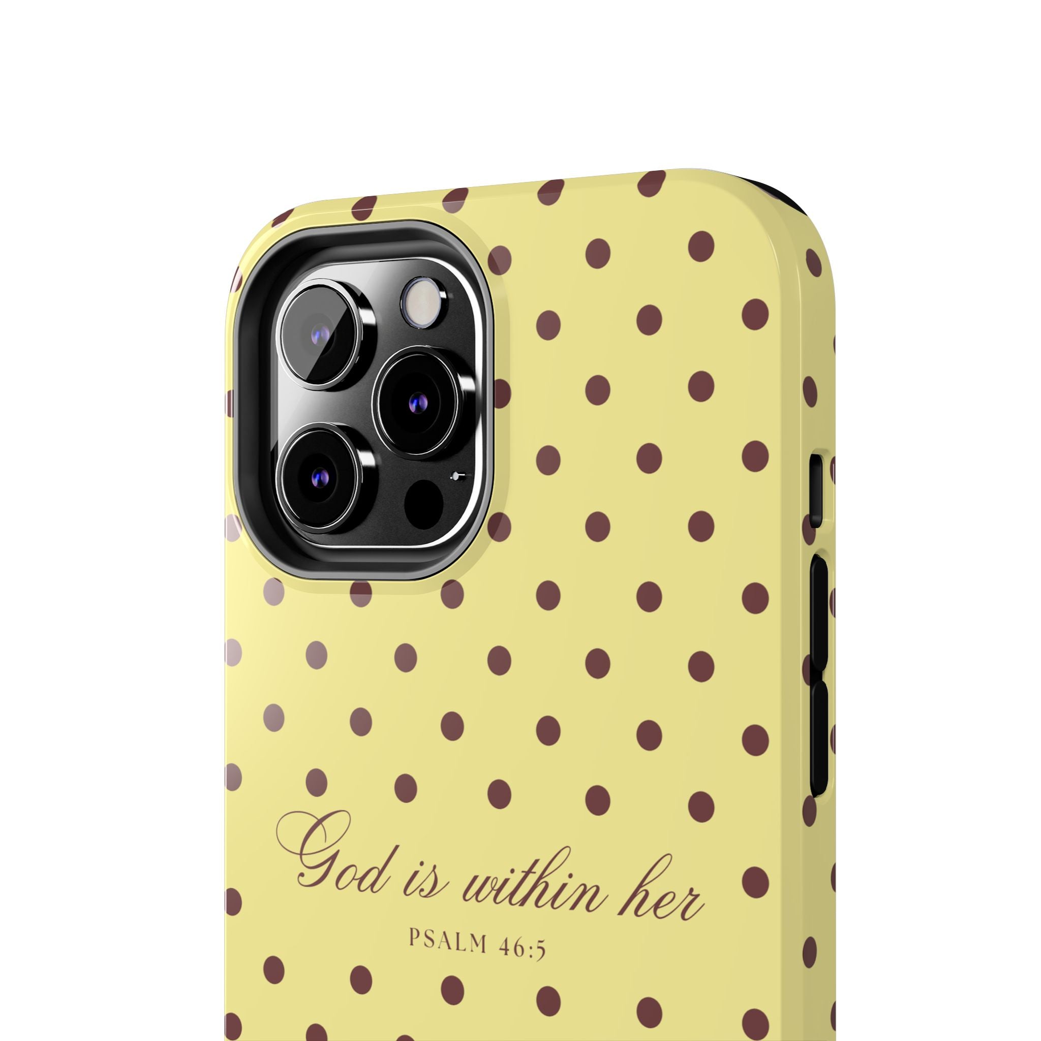 "God Is Within Her" Polka Dot Phone Case — Yellow & Brown