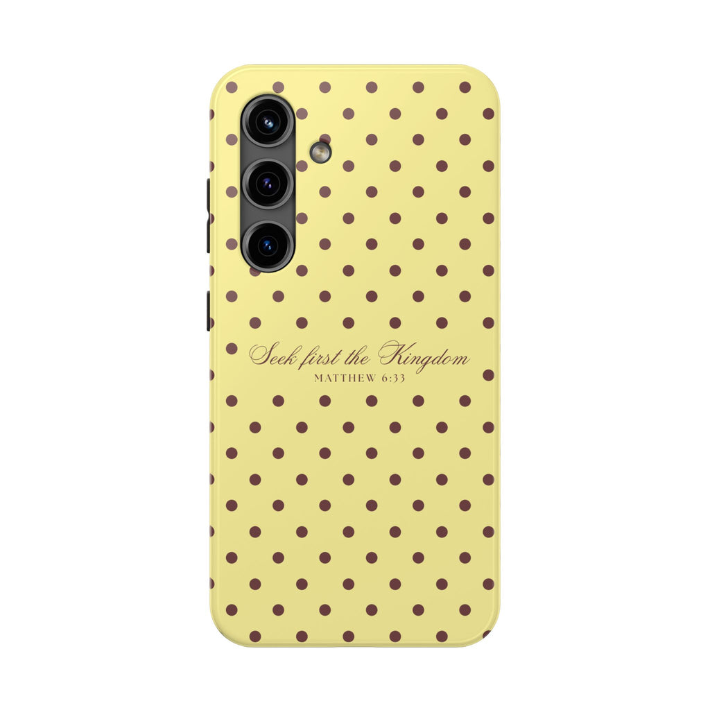 "Seek First the Kingdom" Polka Dot Phone Case — Yellow & Brown