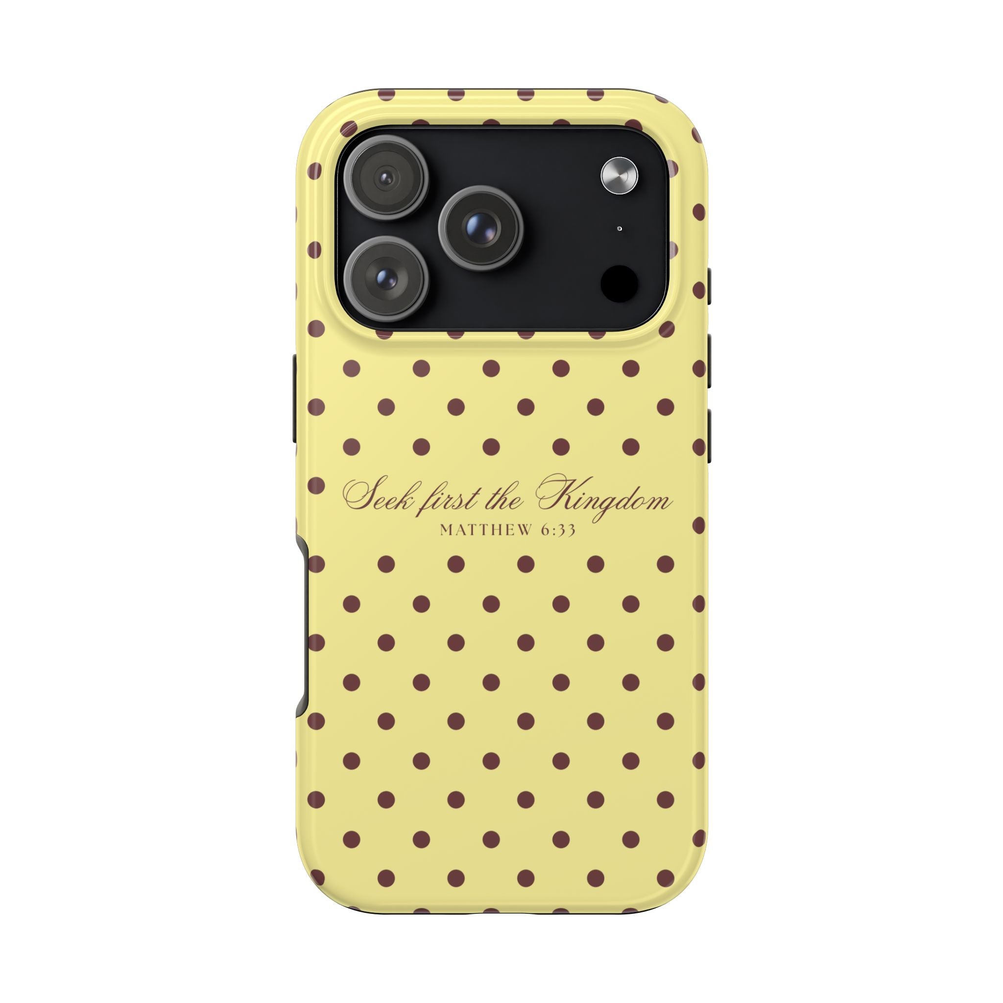 "Seek First the Kingdom" Polka Dot Phone Case — Yellow & Brown