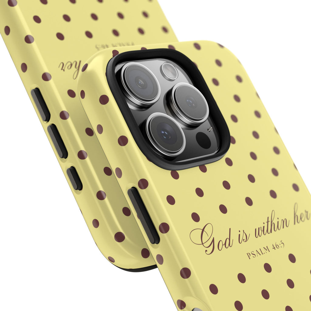 "God Is Within Her" Polka Dot Phone Case — Yellow & Brown