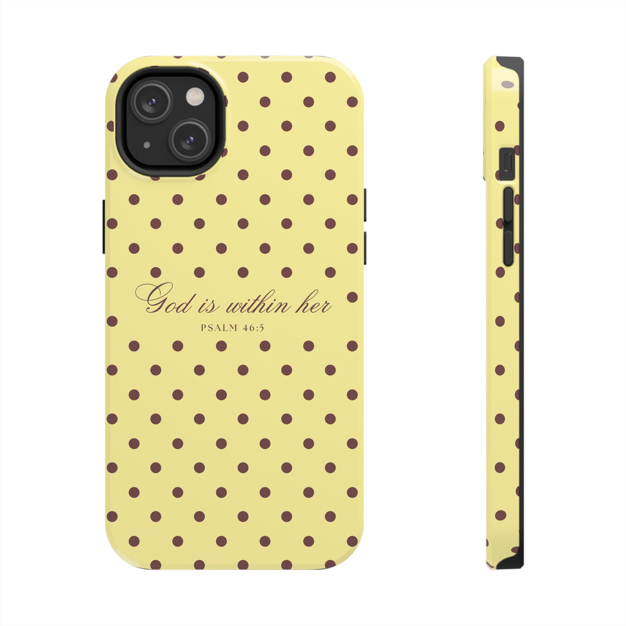 "God Is Within Her" Polka Dot Phone Case — Yellow & Brown