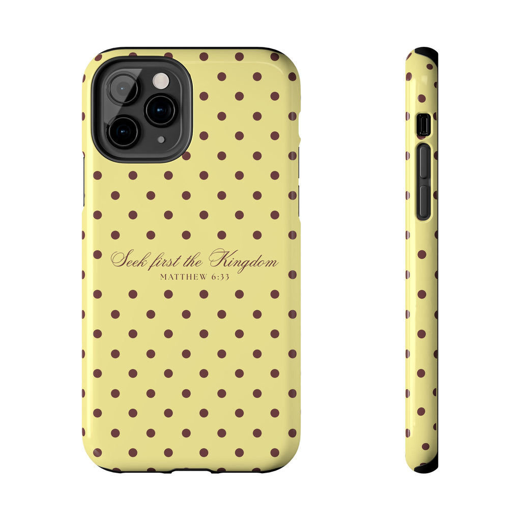 "Seek First the Kingdom" Polka Dot Phone Case — Yellow & Brown