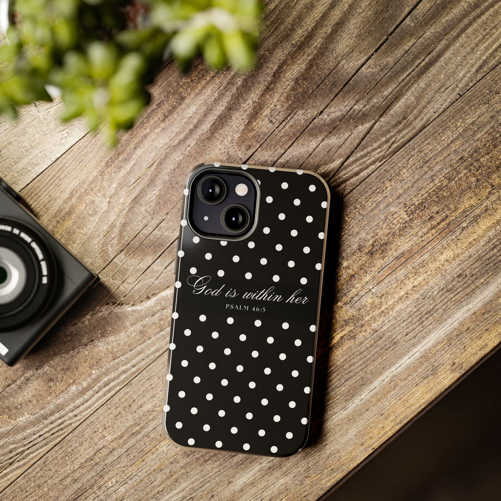 "God Is Within Her" Polka Dot Phone Case — Black & White