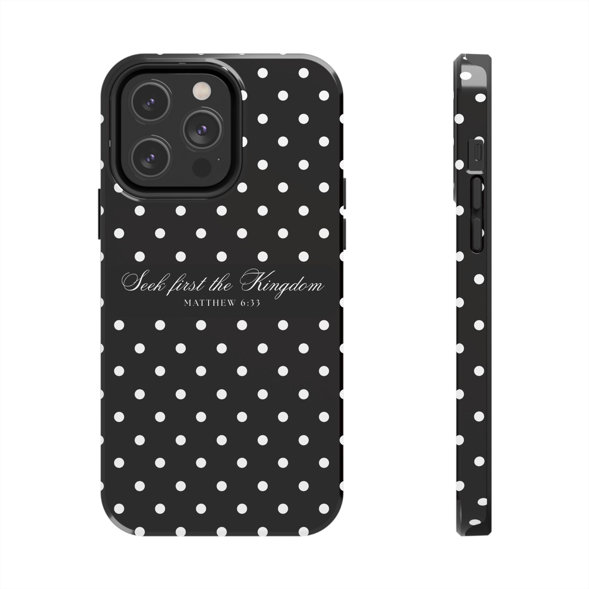 Polka Dot 'Seek First the Kingdom' Phone Case — Black & White
