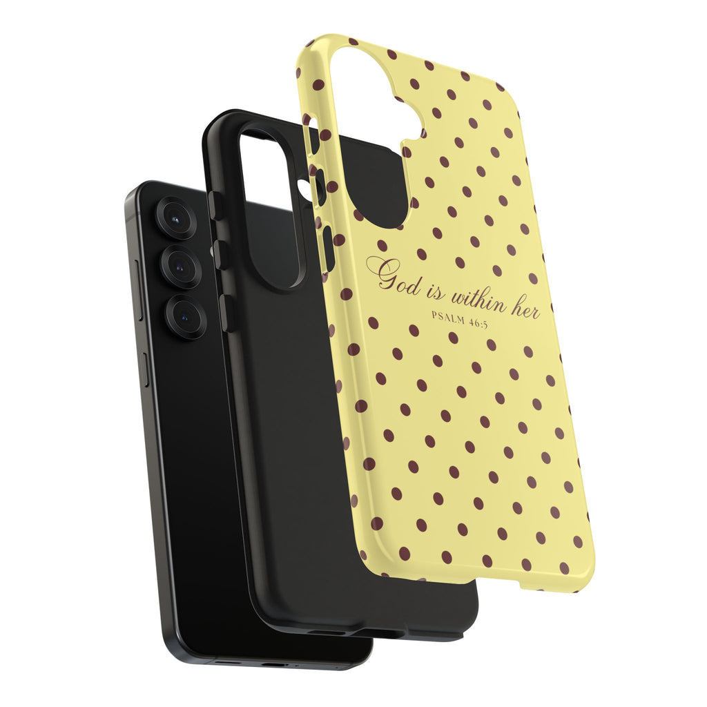 "God Is Within Her" Polka Dot Phone Case — Yellow & Brown