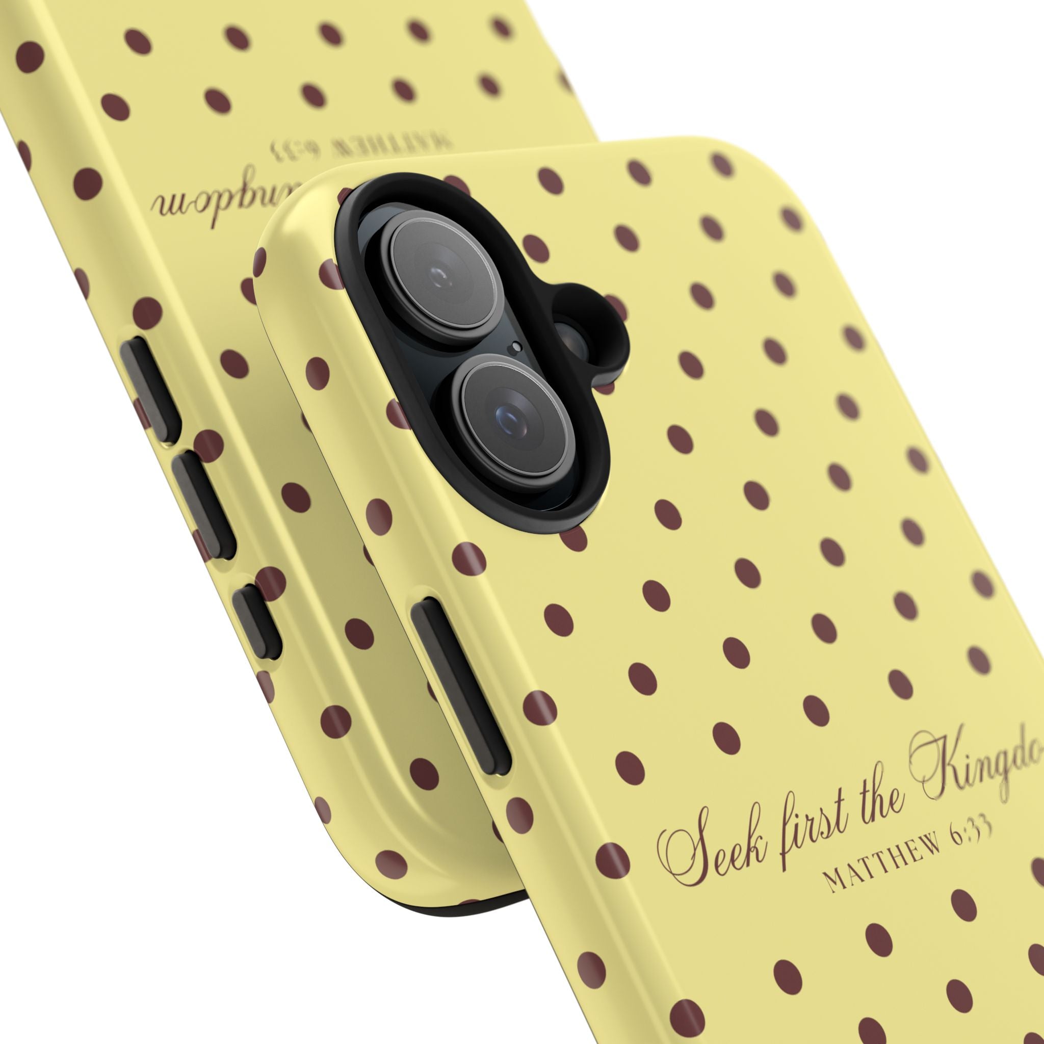 "Seek First the Kingdom" Polka Dot Phone Case — Yellow & Brown