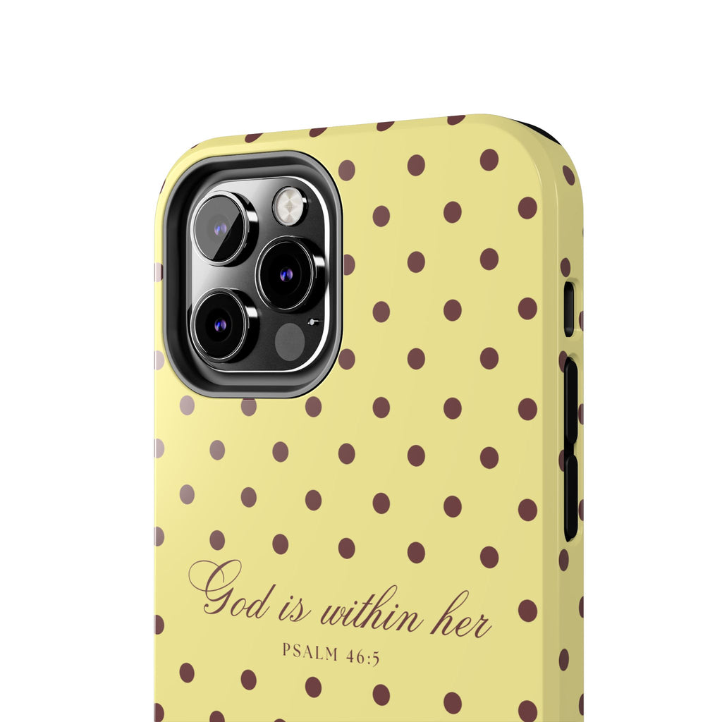 "God Is Within Her" Polka Dot Phone Case — Yellow & Brown