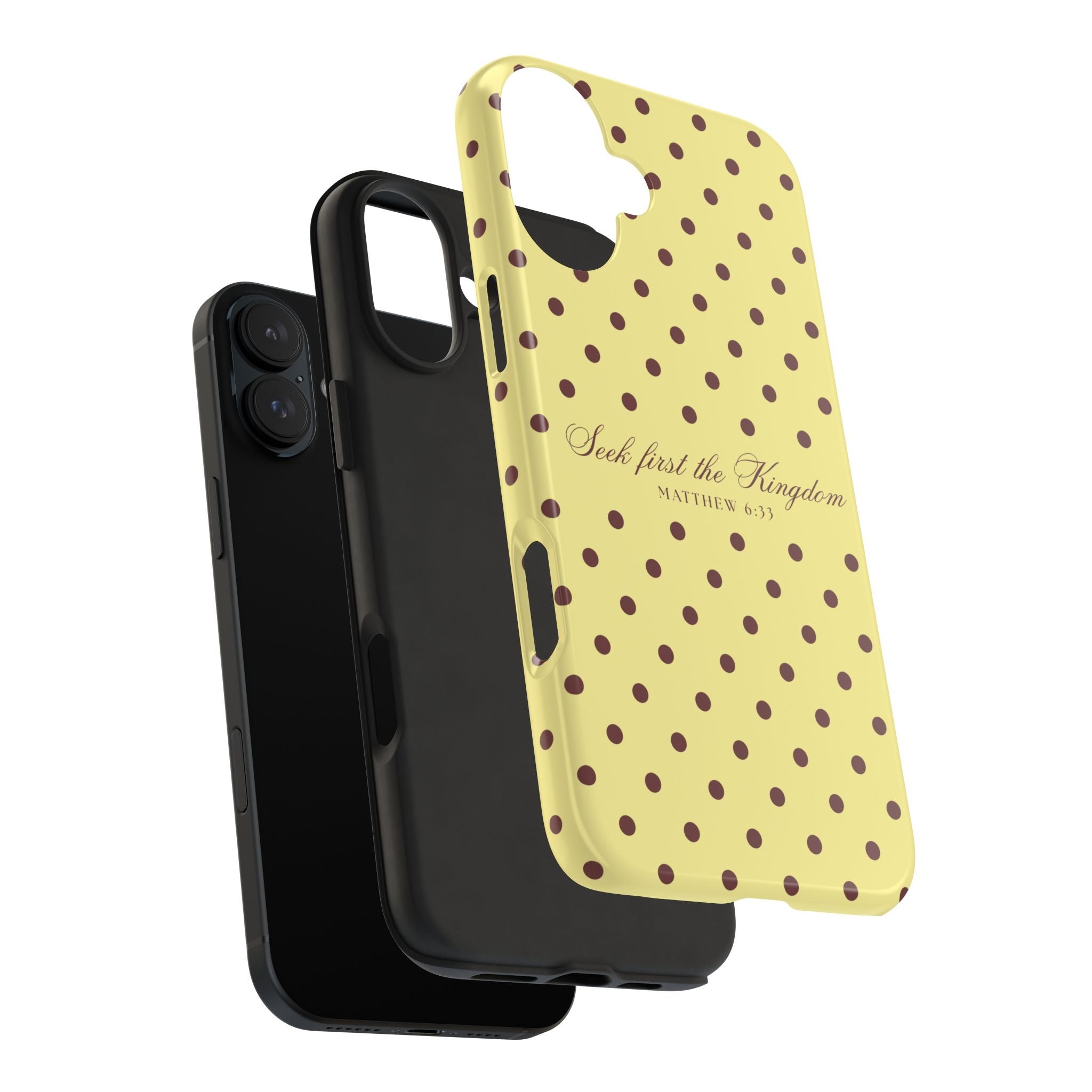"Seek First the Kingdom" Polka Dot Phone Case — Yellow & Brown