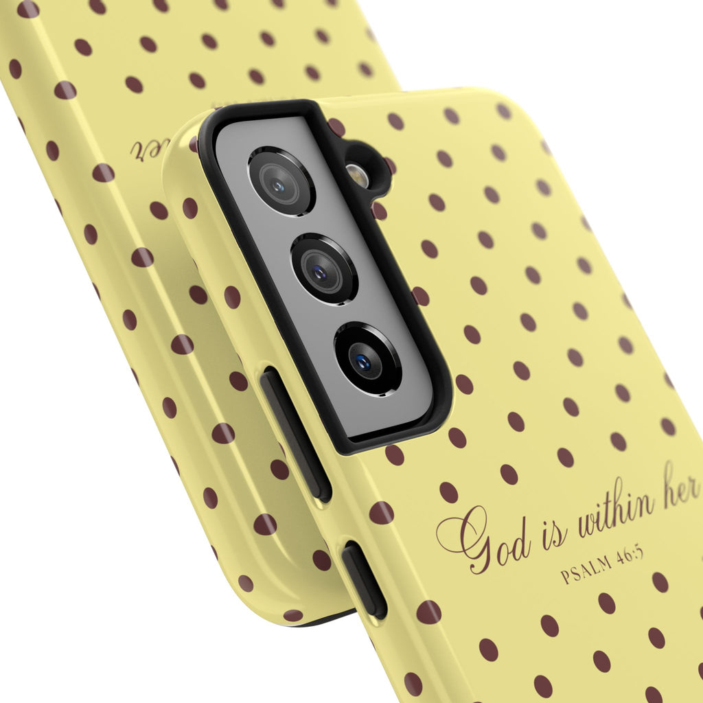 "God Is Within Her" Polka Dot Phone Case — Yellow & Brown