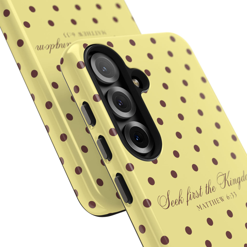 "Seek First the Kingdom" Polka Dot Phone Case — Yellow & Brown