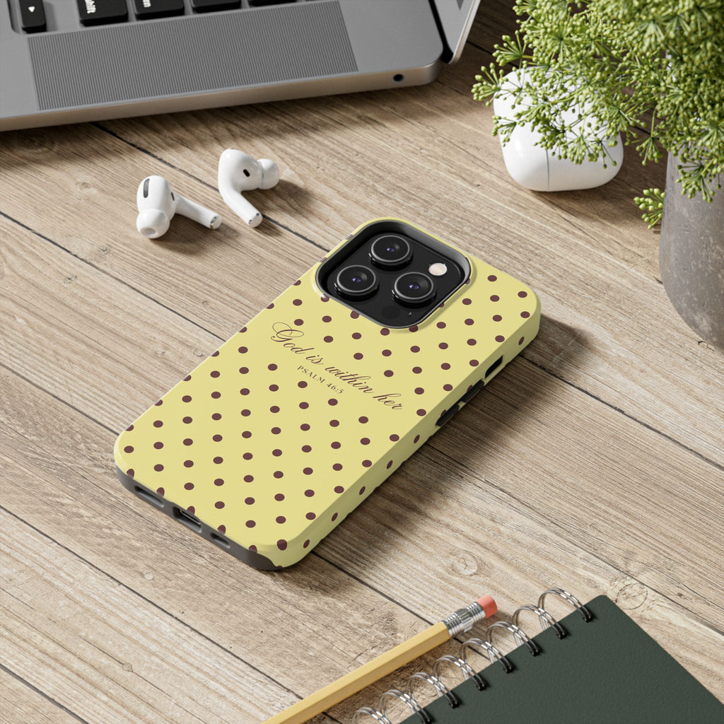 "God Is Within Her" Polka Dot Phone Case — Yellow & Brown