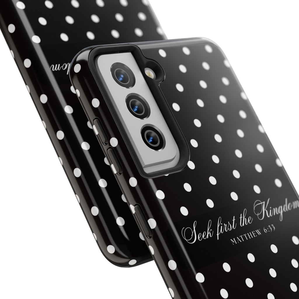 Polka Dot 'Seek First the Kingdom' Phone Case — Black & White