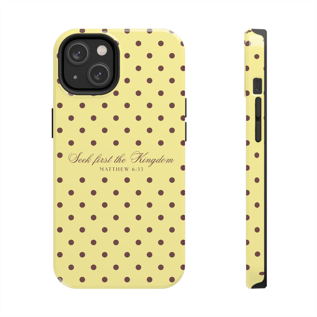 "Seek First the Kingdom" Polka Dot Phone Case — Yellow & Brown
