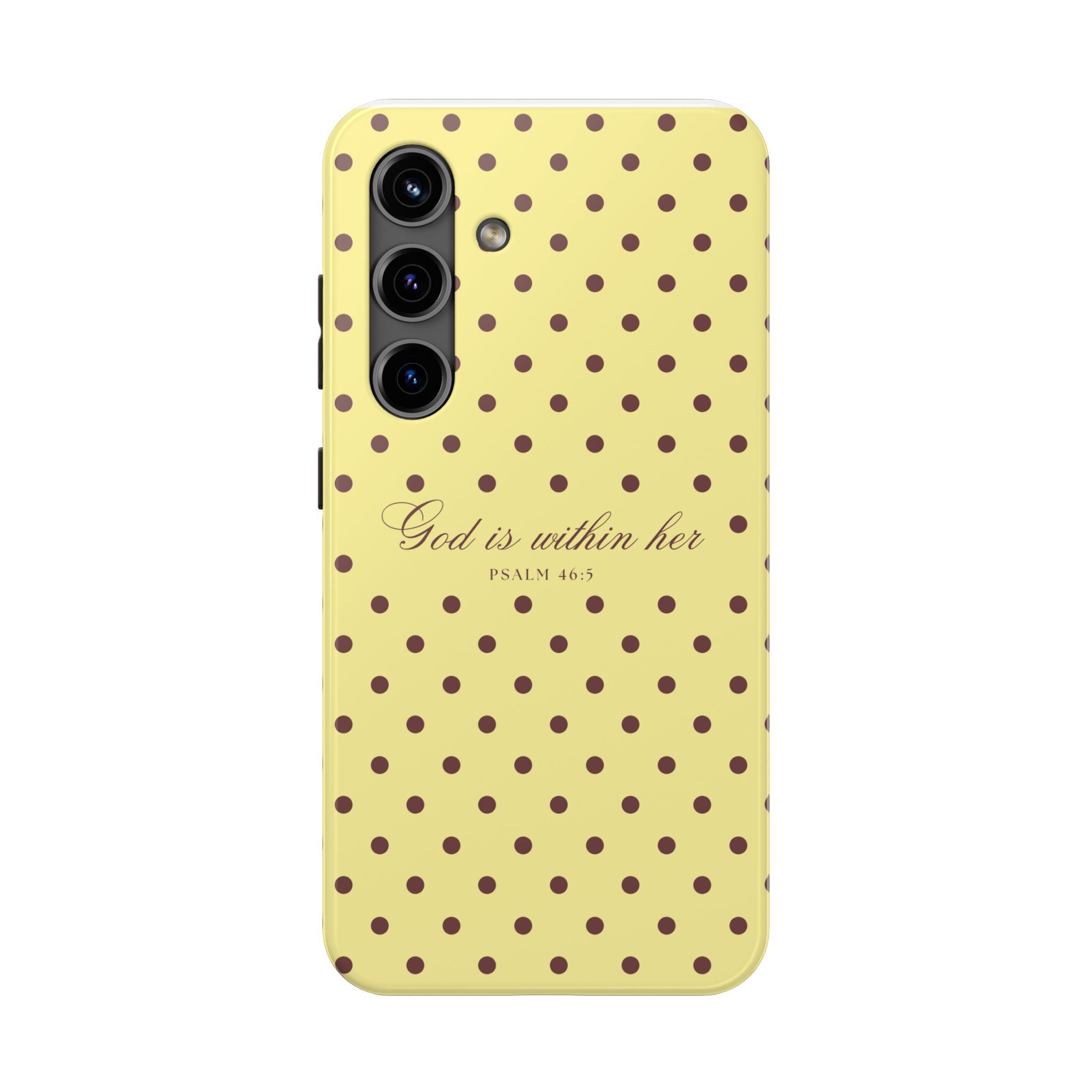 "God Is Within Her" Polka Dot Phone Case — Yellow & Brown