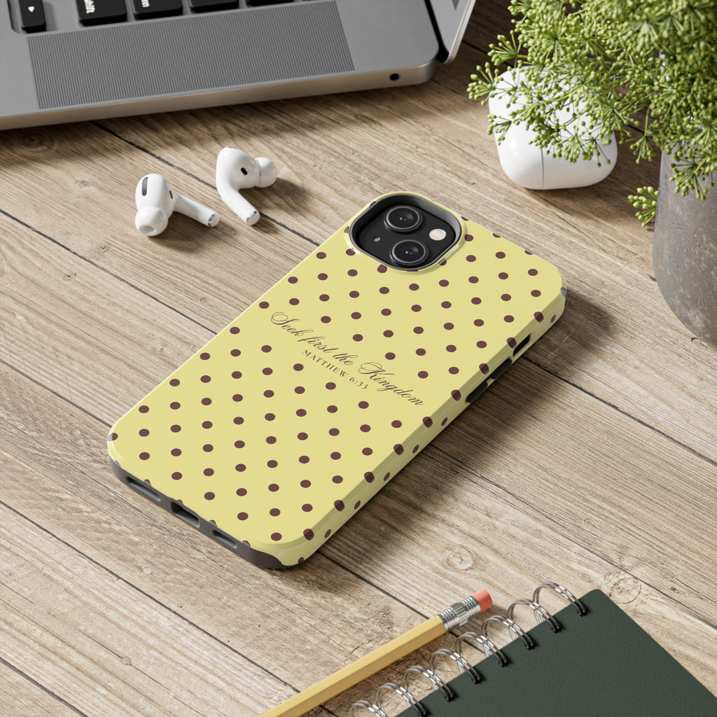 "Seek First the Kingdom" Polka Dot Phone Case — Yellow & Brown