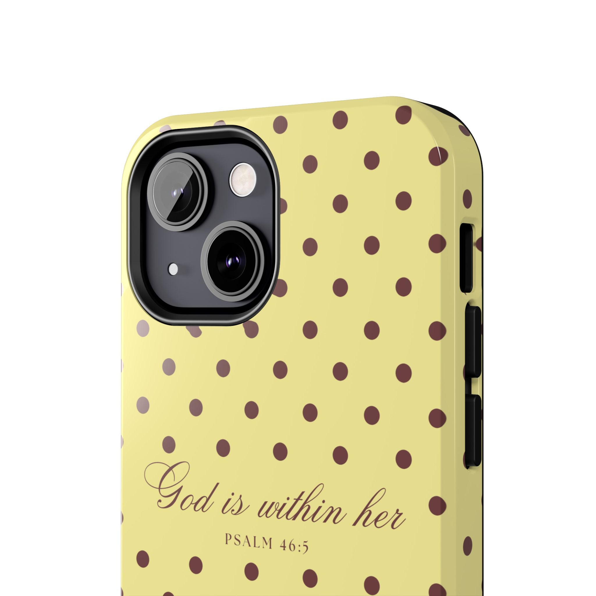 "God Is Within Her" Polka Dot Phone Case — Yellow & Brown