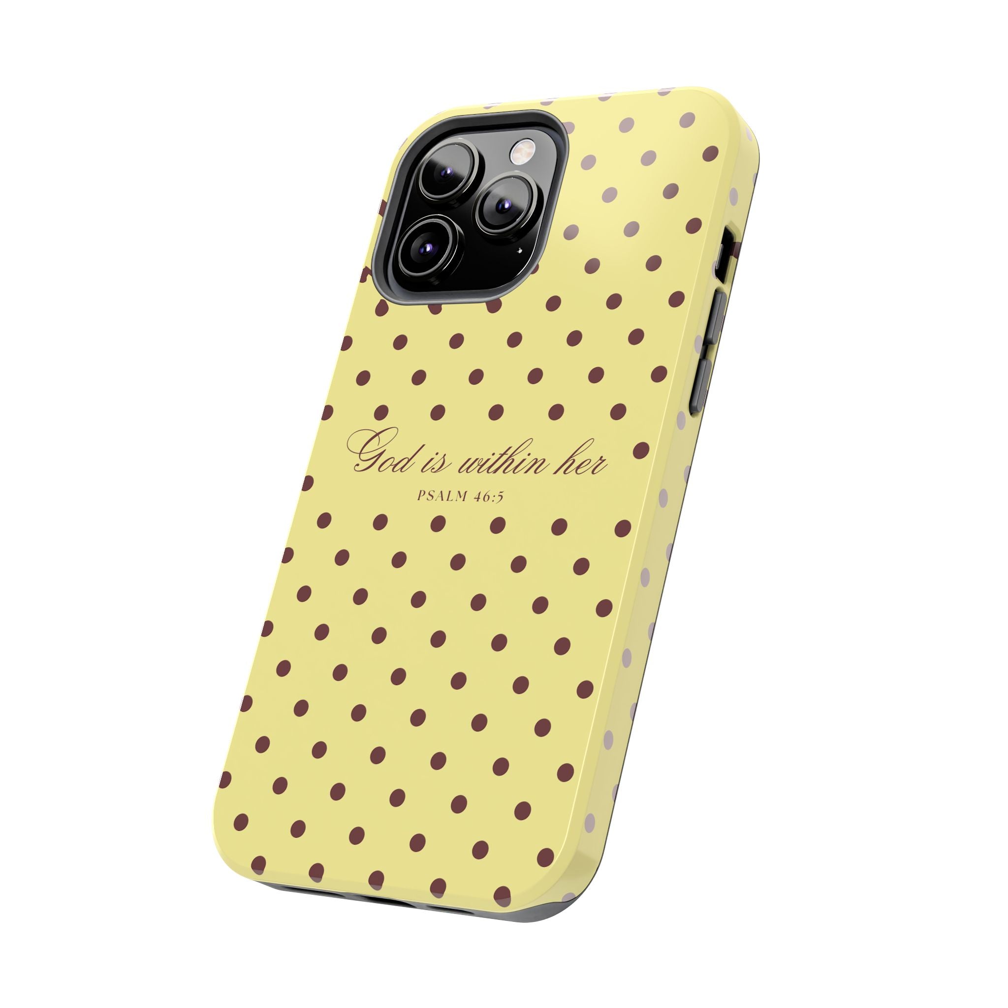 "God Is Within Her" Polka Dot Phone Case — Yellow & Brown