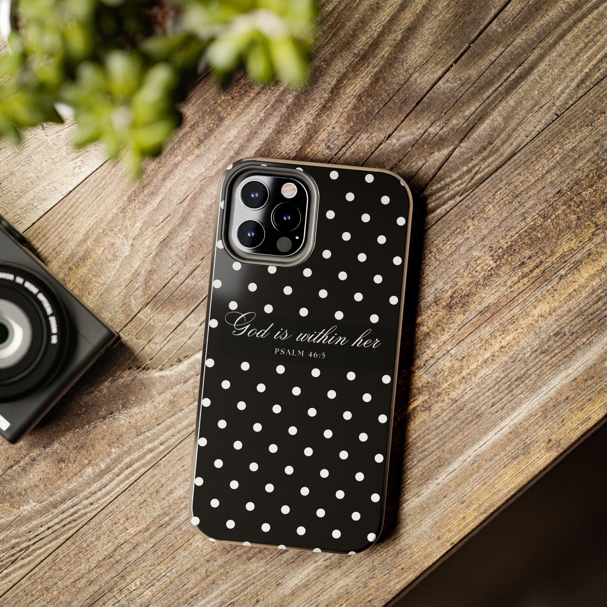 "God Is Within Her" Polka Dot Phone Case — Black & White