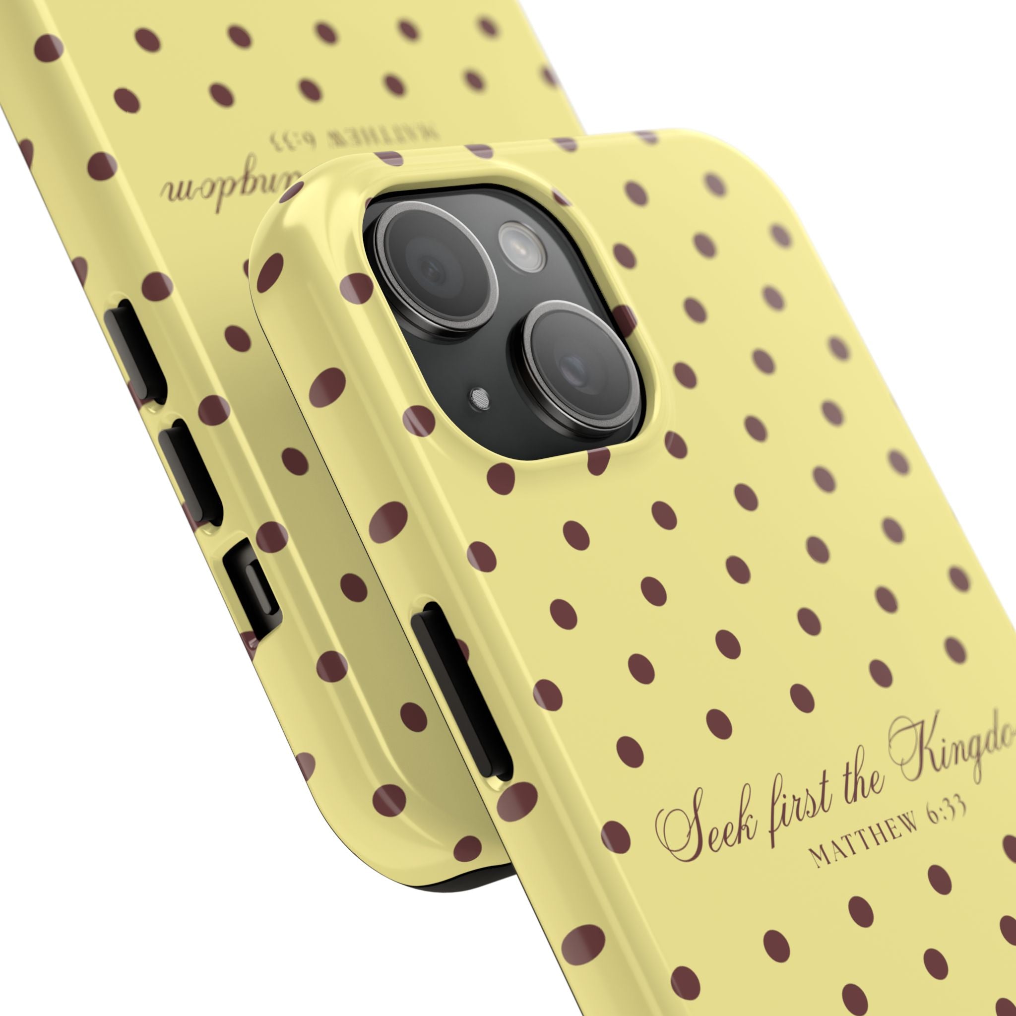 "Seek First the Kingdom" Polka Dot Phone Case — Yellow & Brown