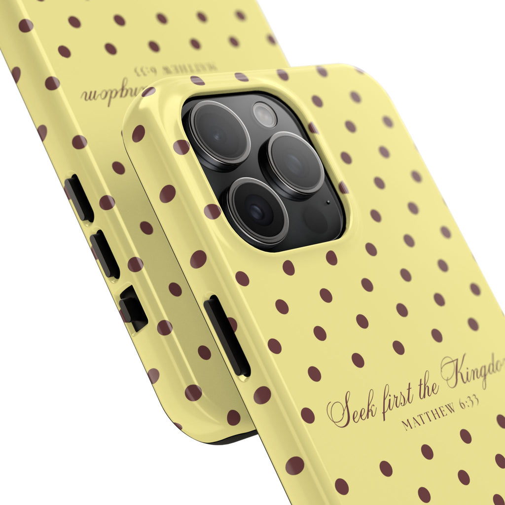 "Seek First the Kingdom" Polka Dot Phone Case — Yellow & Brown