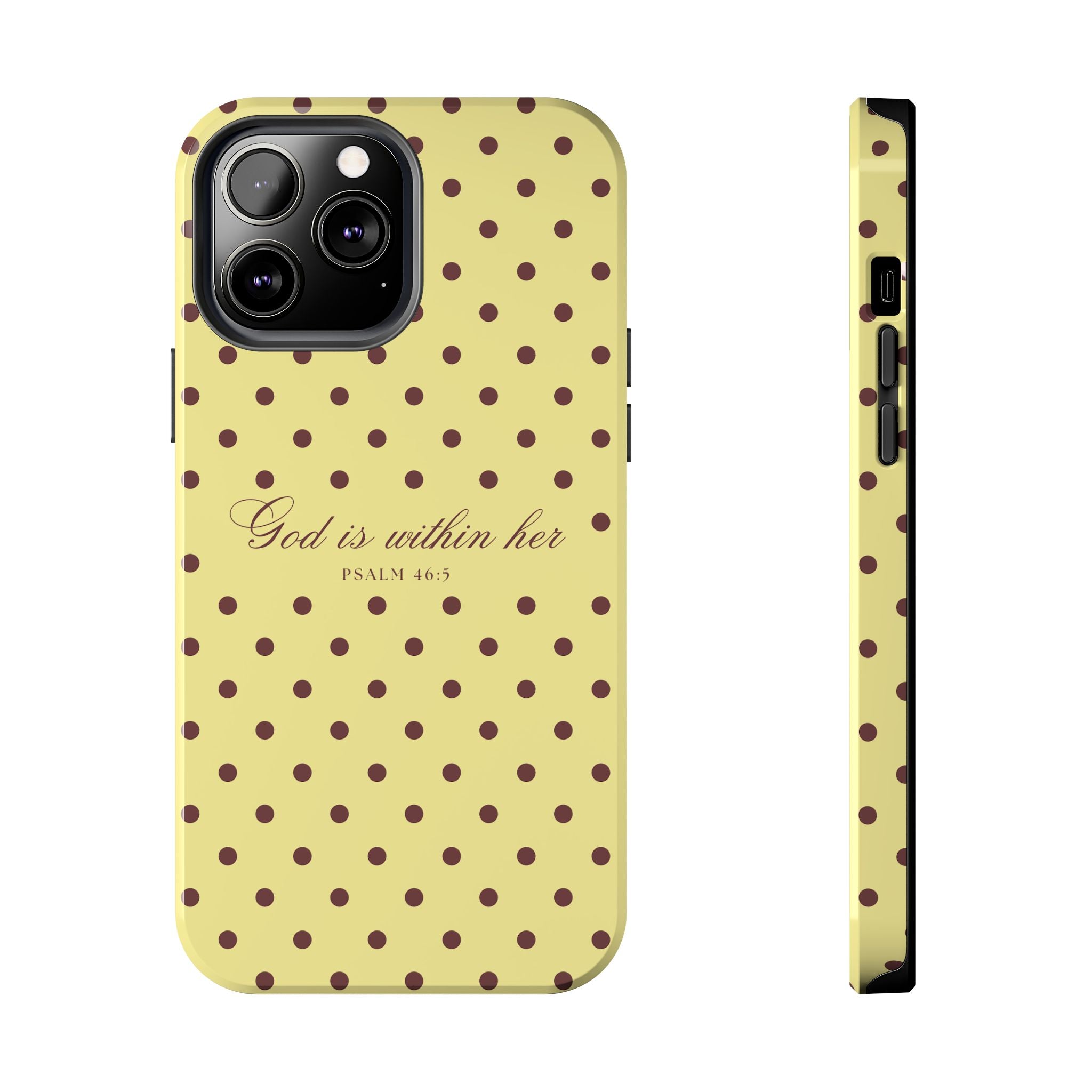 "God Is Within Her" Polka Dot Phone Case — Yellow & Brown