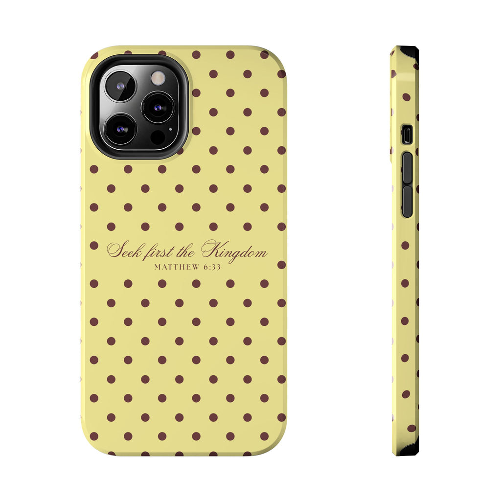 "Seek First the Kingdom" Polka Dot Phone Case — Yellow & Brown