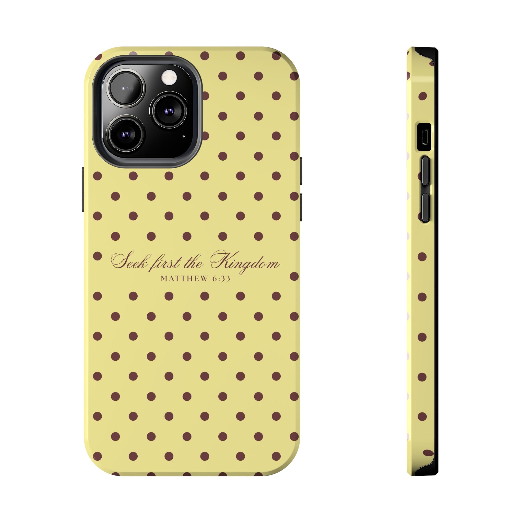 "Seek First the Kingdom" Polka Dot Phone Case — Yellow & Brown