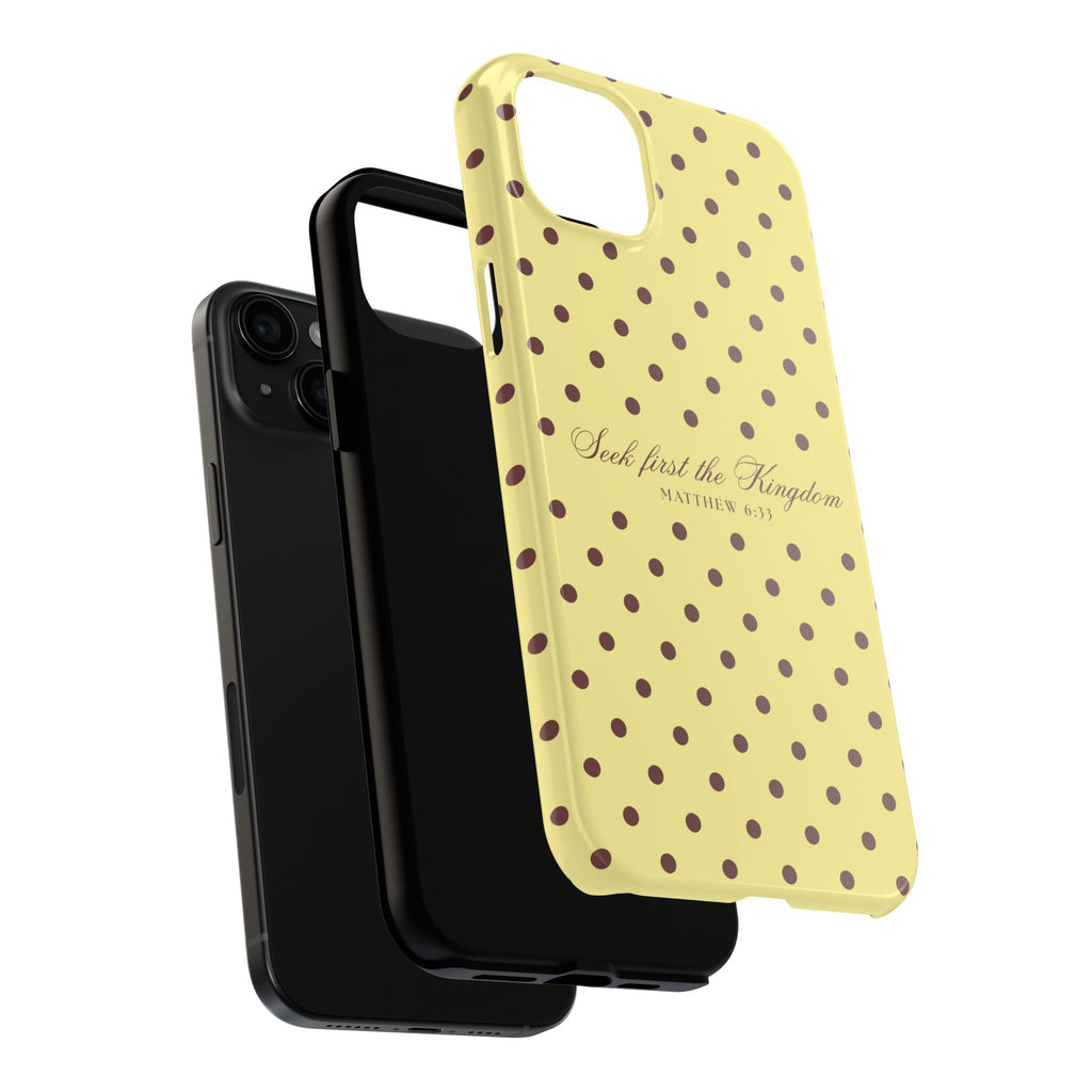 "Seek First the Kingdom" Polka Dot Phone Case — Yellow & Brown