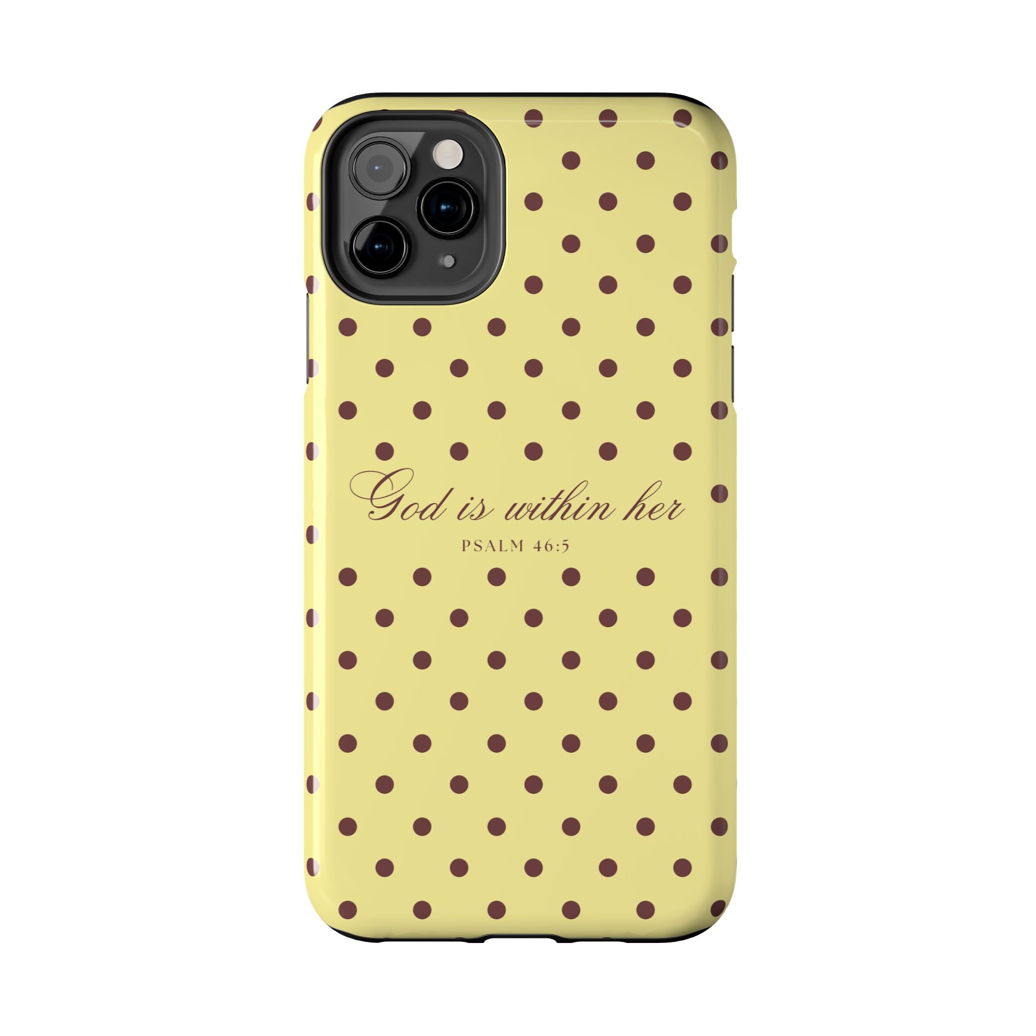 "God Is Within Her" Polka Dot Phone Case — Yellow & Brown
