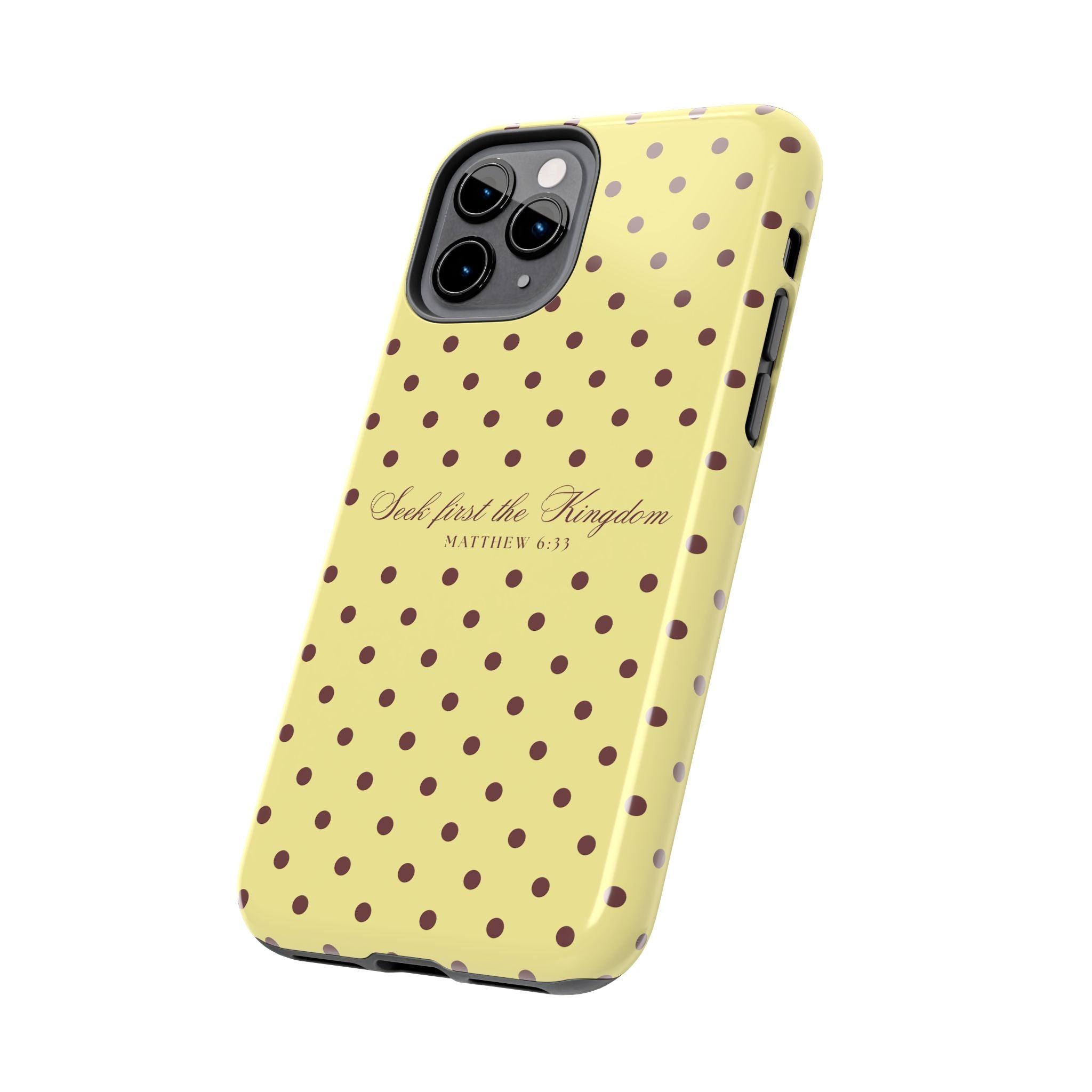 "Seek First the Kingdom" Polka Dot Phone Case — Yellow & Brown