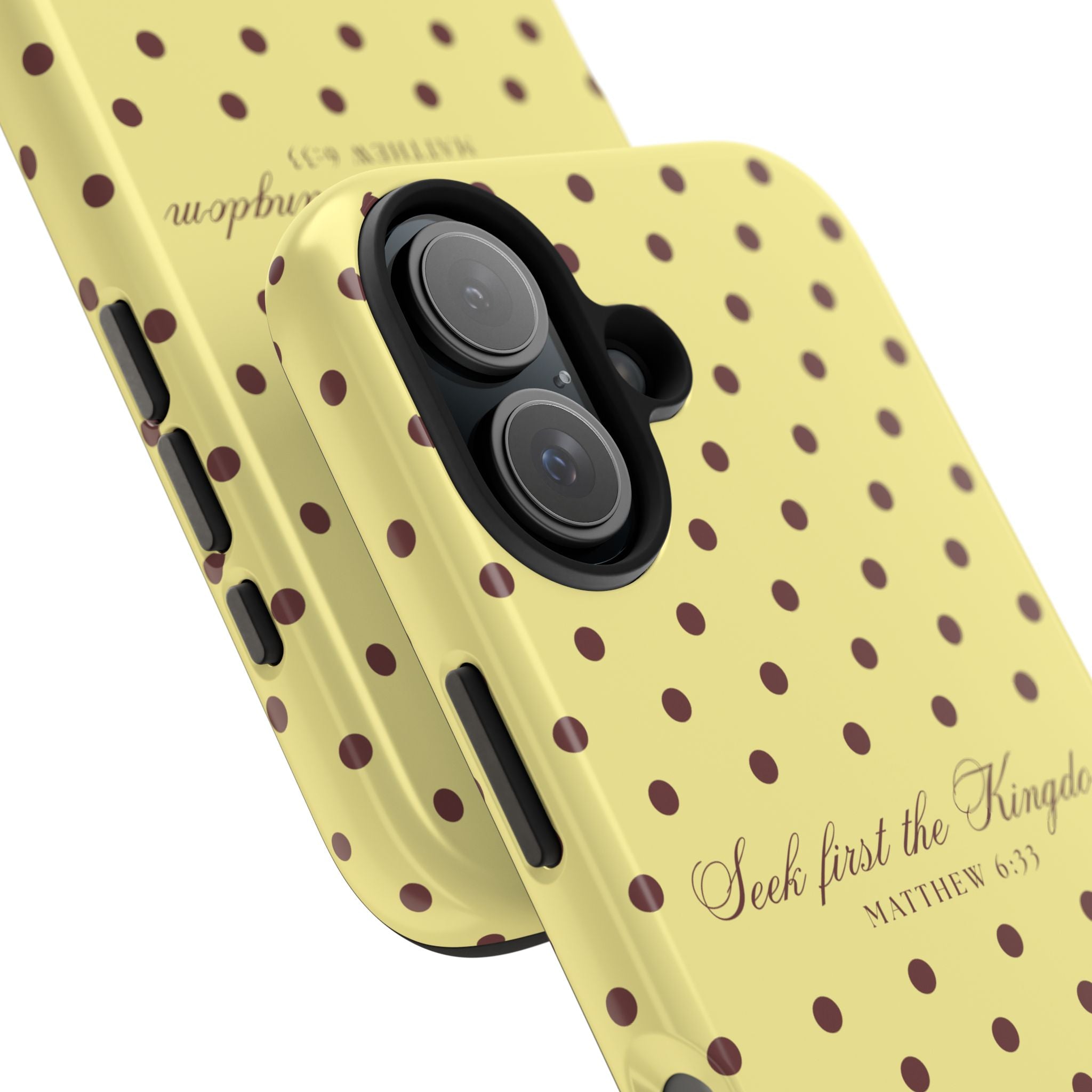 "Seek First the Kingdom" Polka Dot Phone Case — Yellow & Brown