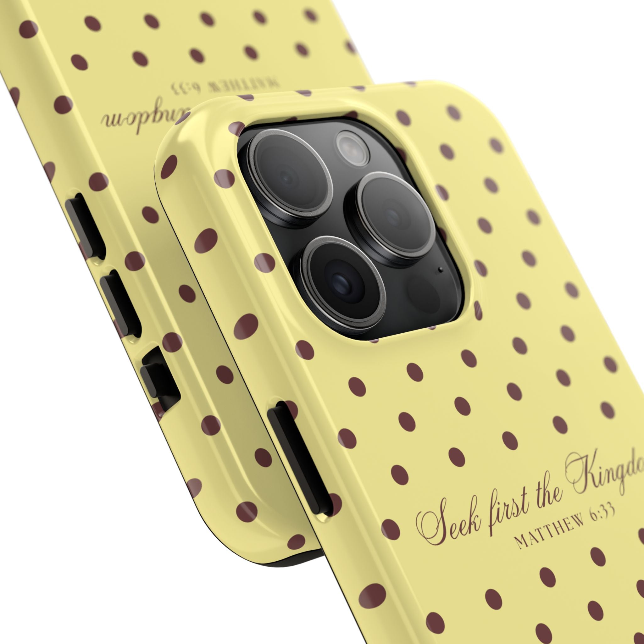 "Seek First the Kingdom" Polka Dot Phone Case — Yellow & Brown