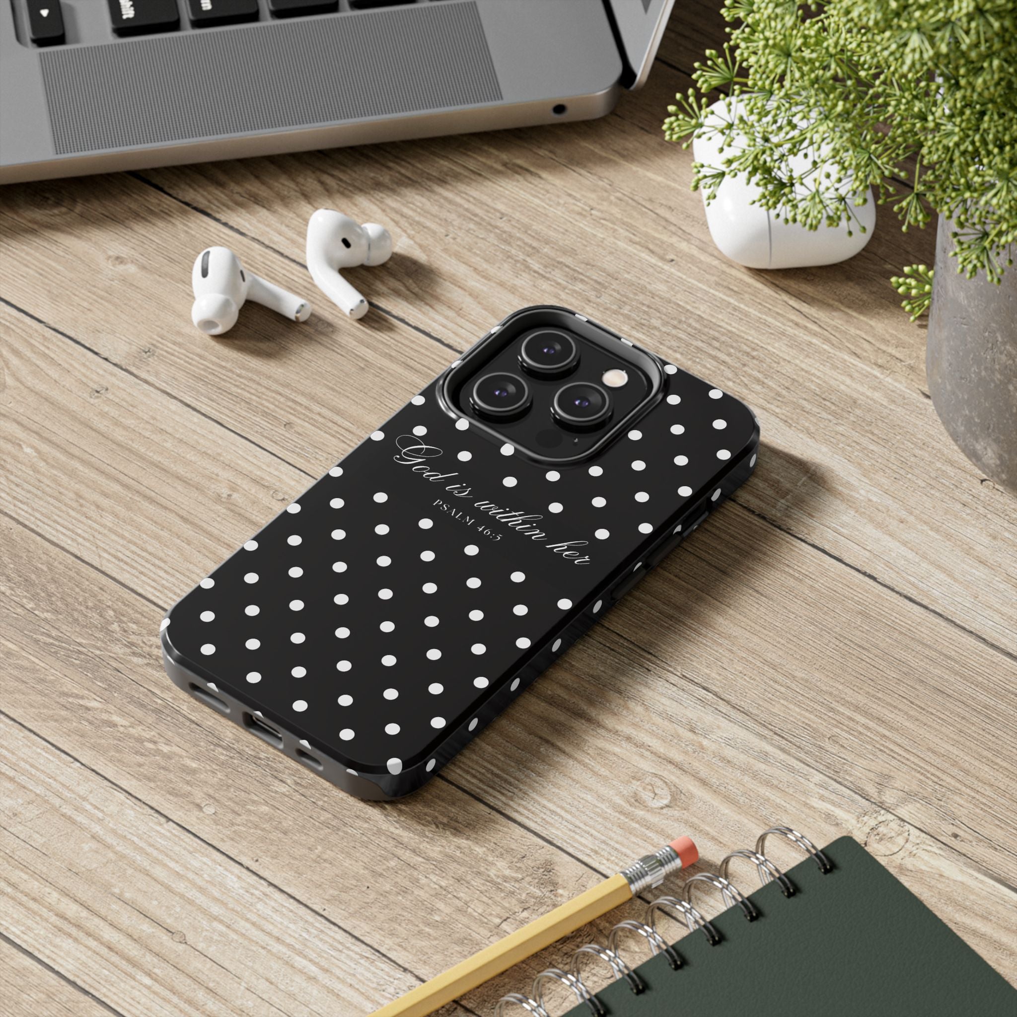 "God Is Within Her" Polka Dot Phone Case — Black & White