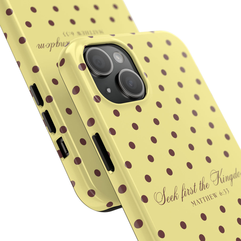 "Seek First the Kingdom" Polka Dot Phone Case — Yellow & Brown