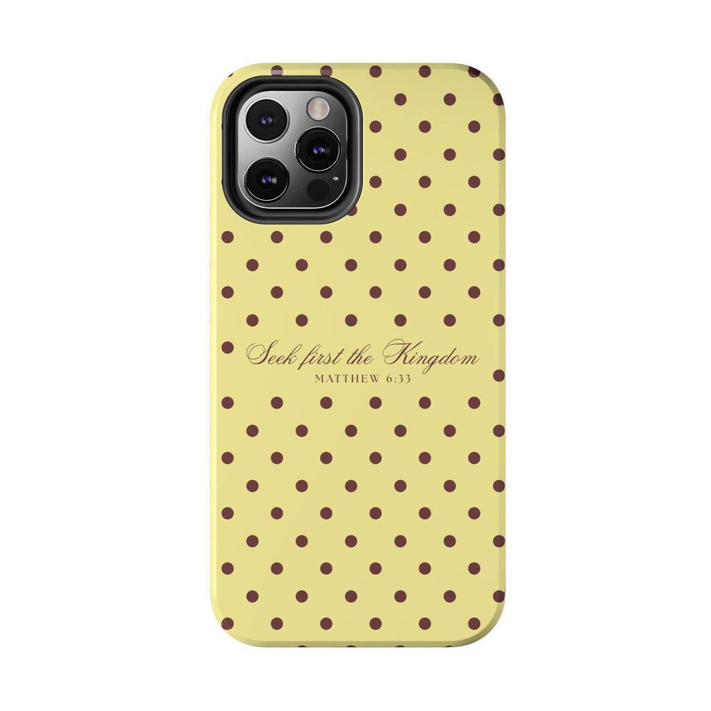 "Seek First the Kingdom" Polka Dot Phone Case — Yellow & Brown
