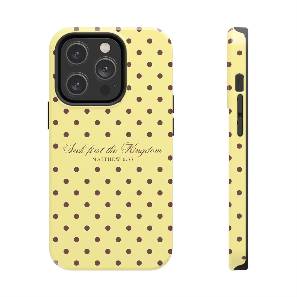 "Seek First the Kingdom" Polka Dot Phone Case — Yellow & Brown