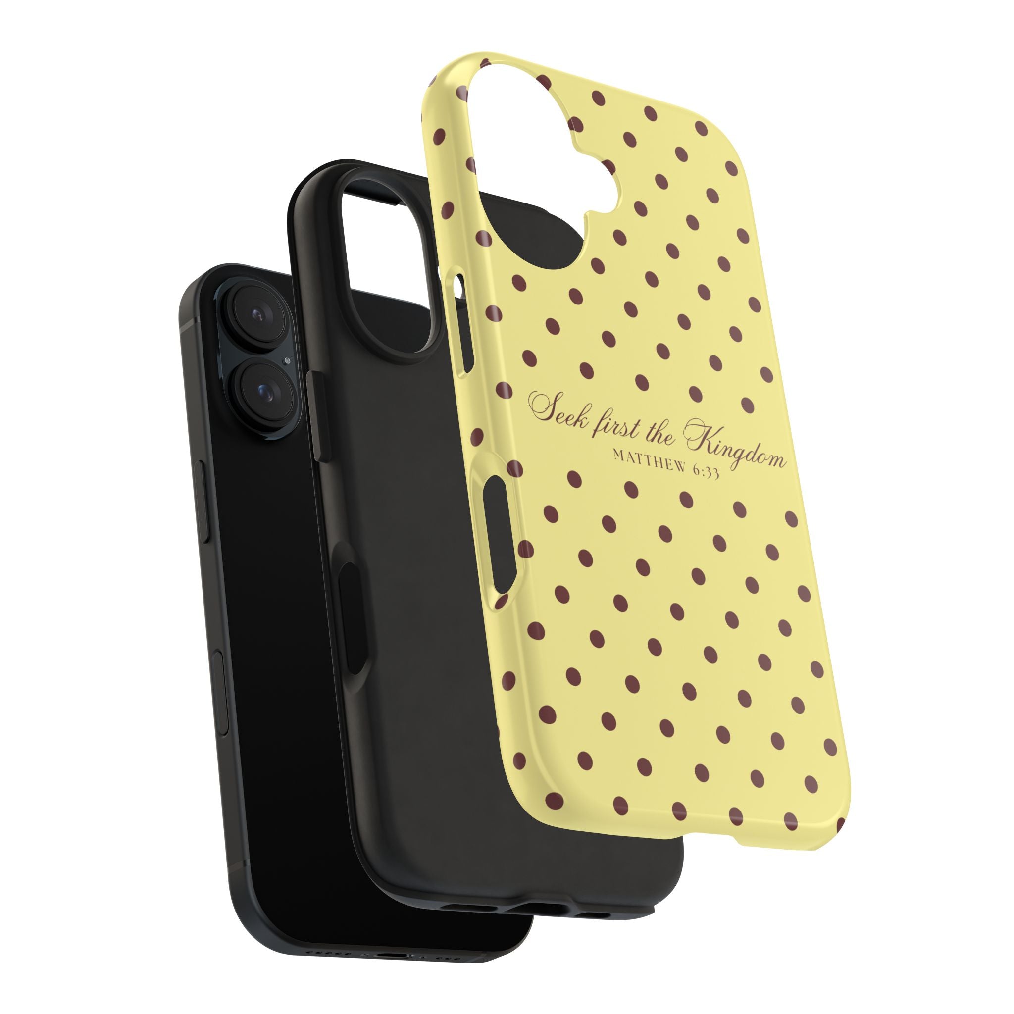 "Seek First the Kingdom" Polka Dot Phone Case — Yellow & Brown