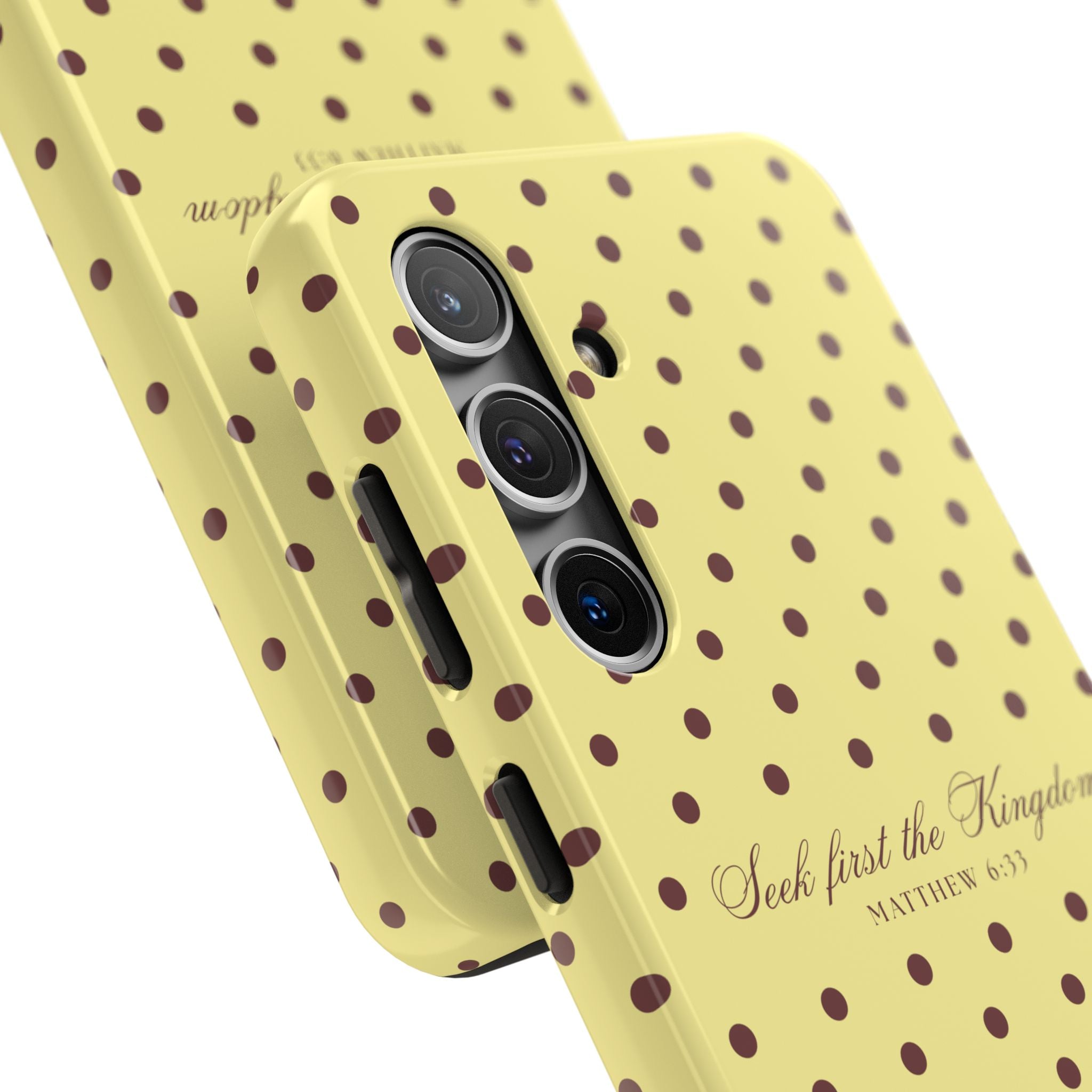 "Seek First the Kingdom" Polka Dot Phone Case — Yellow & Brown