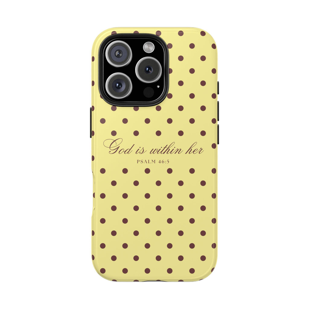 "God Is Within Her" Polka Dot Phone Case — Yellow & Brown