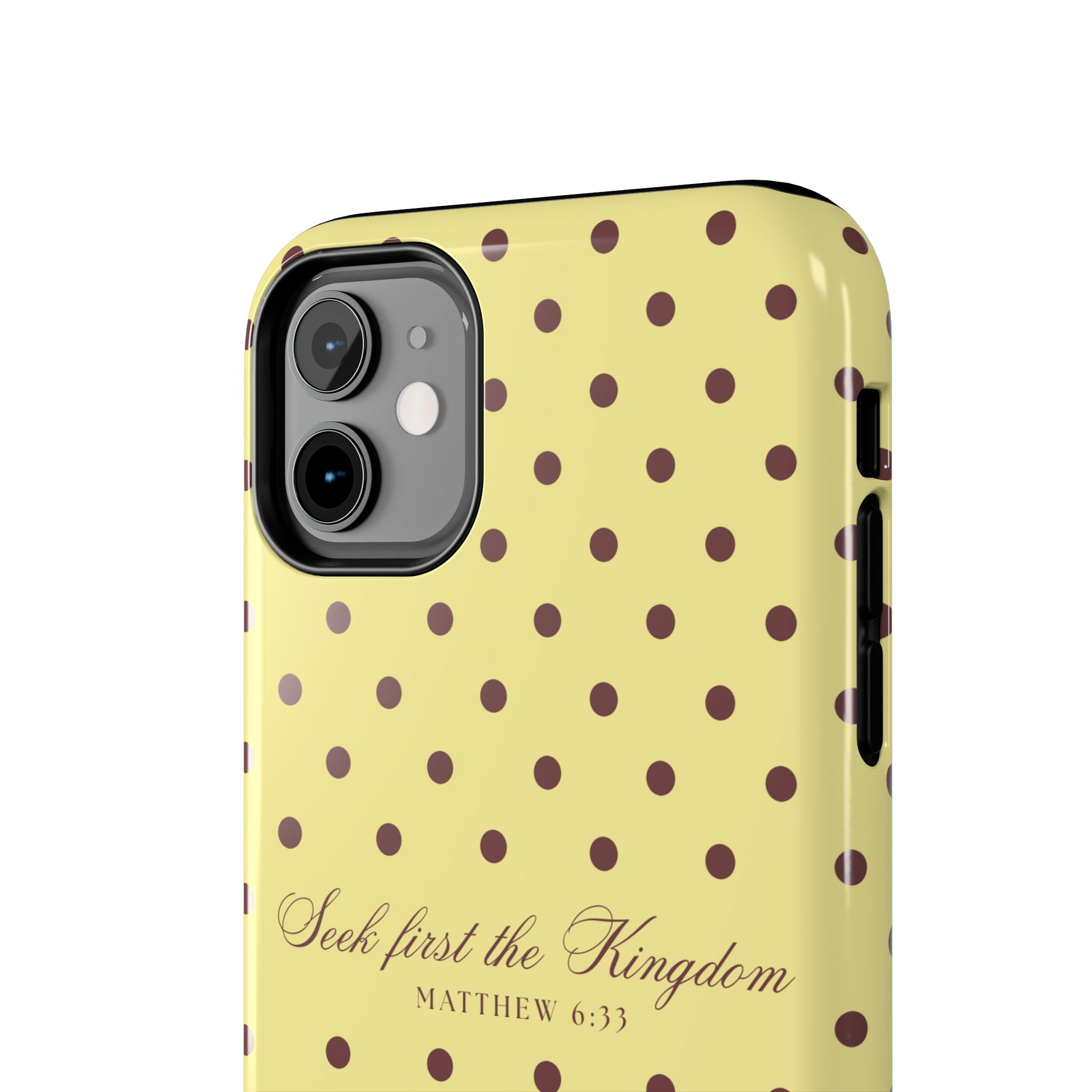 "Seek First the Kingdom" Polka Dot Phone Case — Yellow & Brown