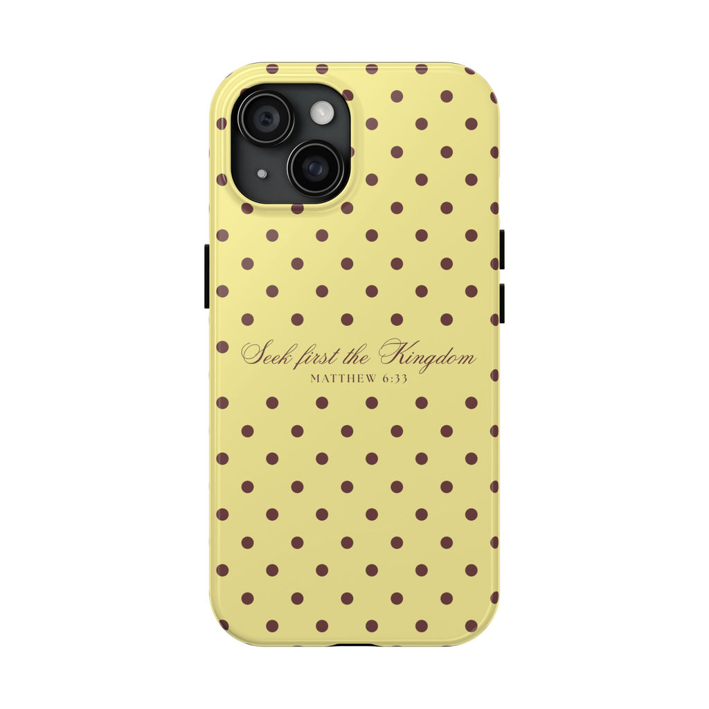 "Seek First the Kingdom" Polka Dot Phone Case — Yellow & Brown