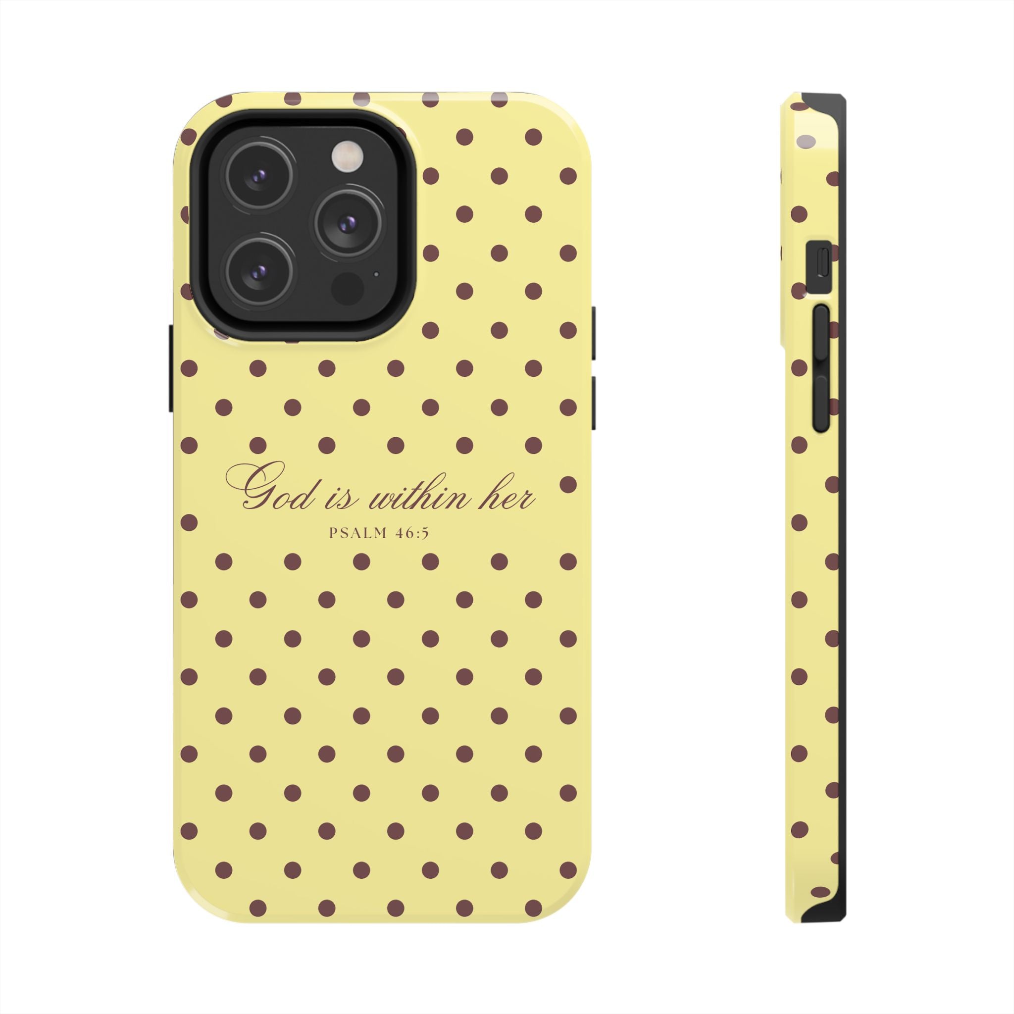"God Is Within Her" Polka Dot Phone Case — Yellow & Brown