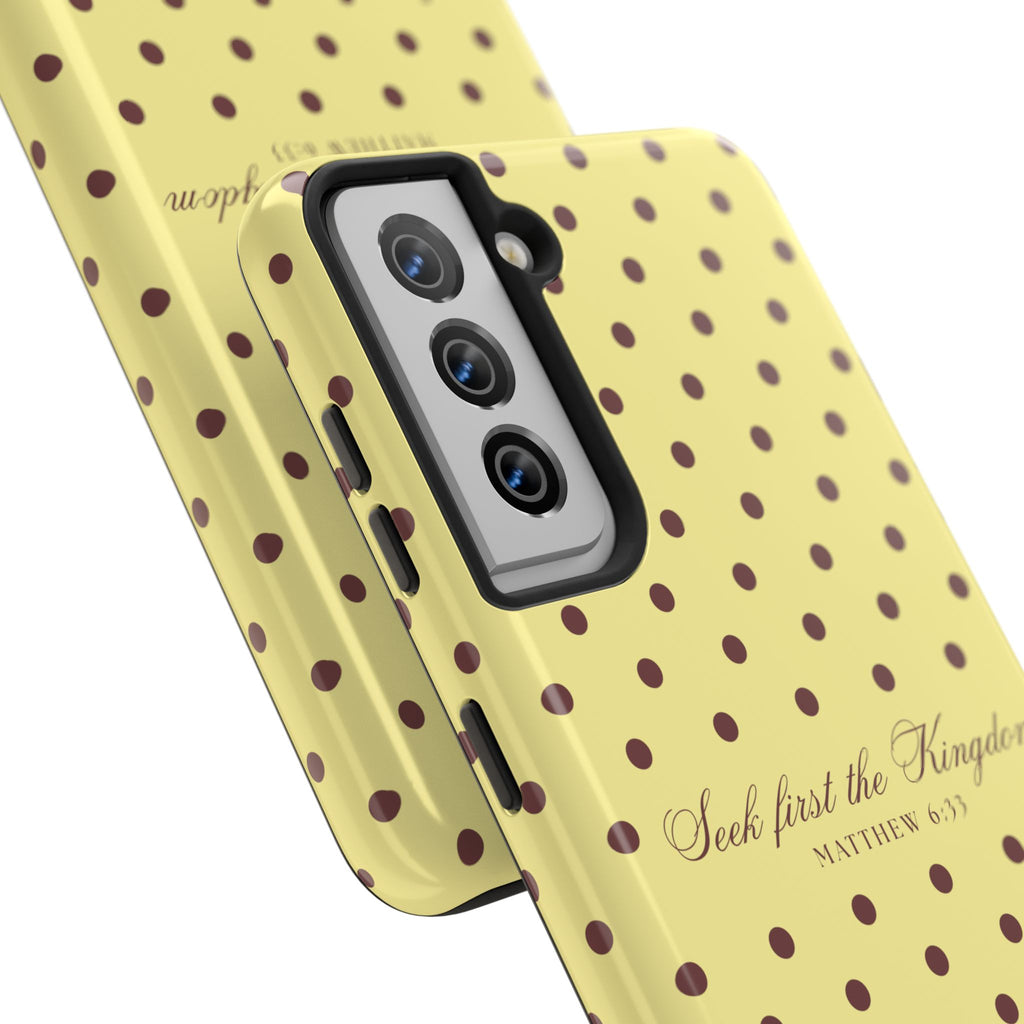 "Seek First the Kingdom" Polka Dot Phone Case — Yellow & Brown