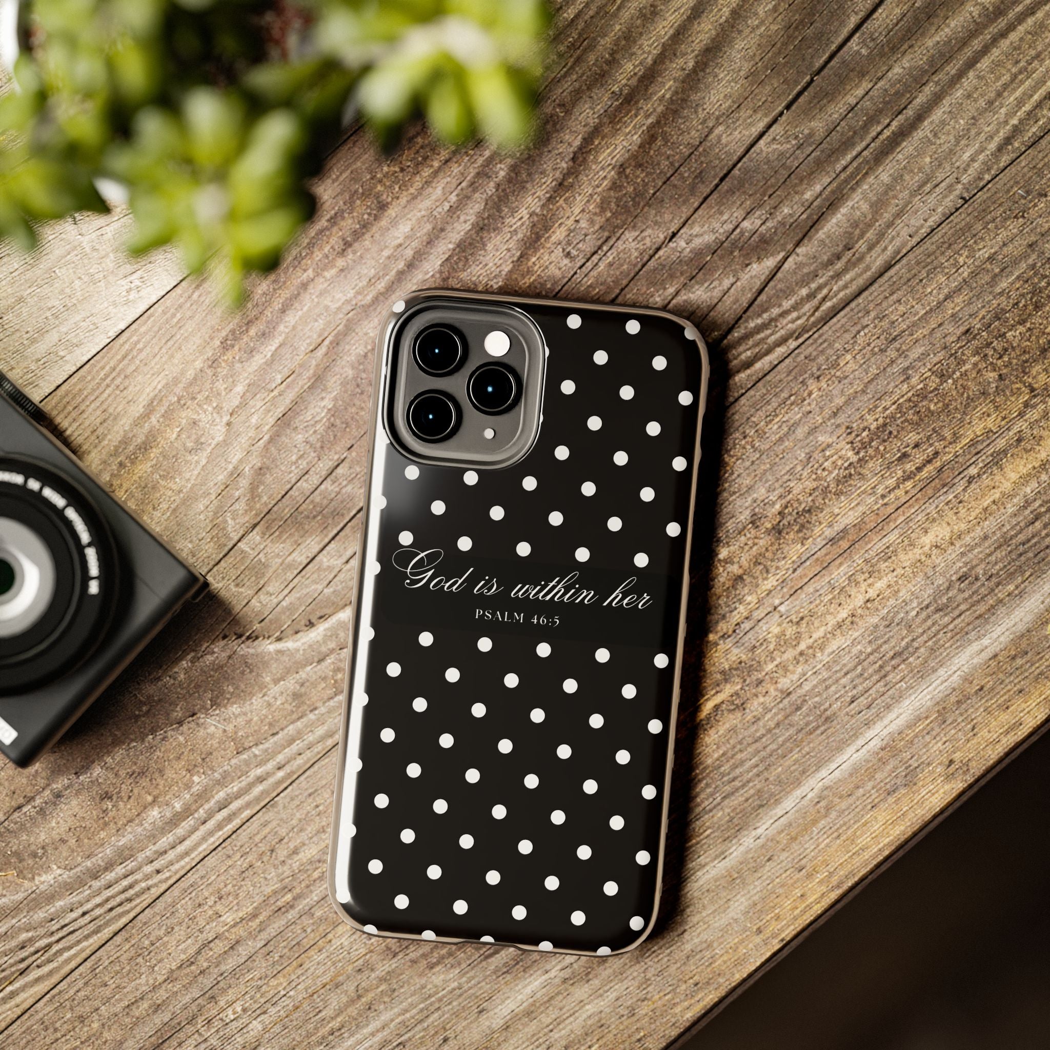 "God Is Within Her" Polka Dot Phone Case — Black & White