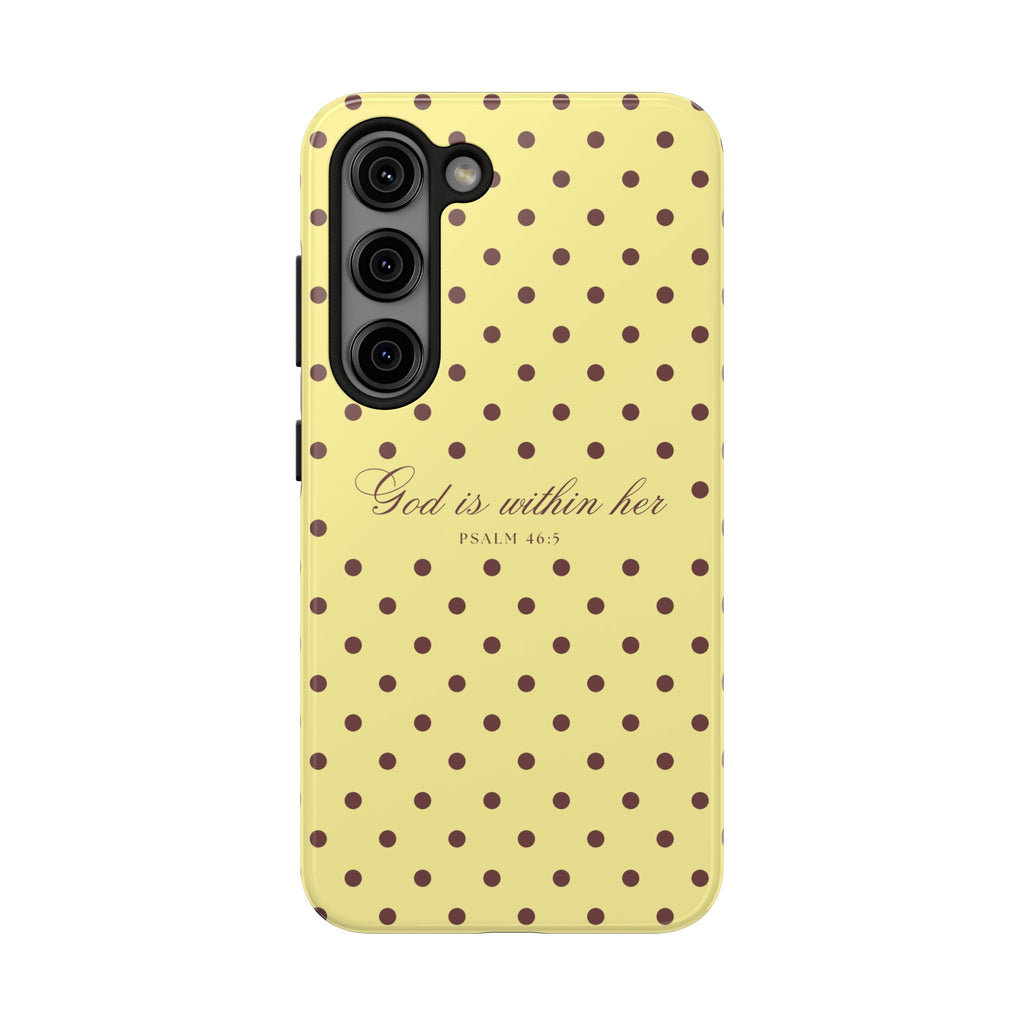"God Is Within Her" Polka Dot Phone Case — Yellow & Brown