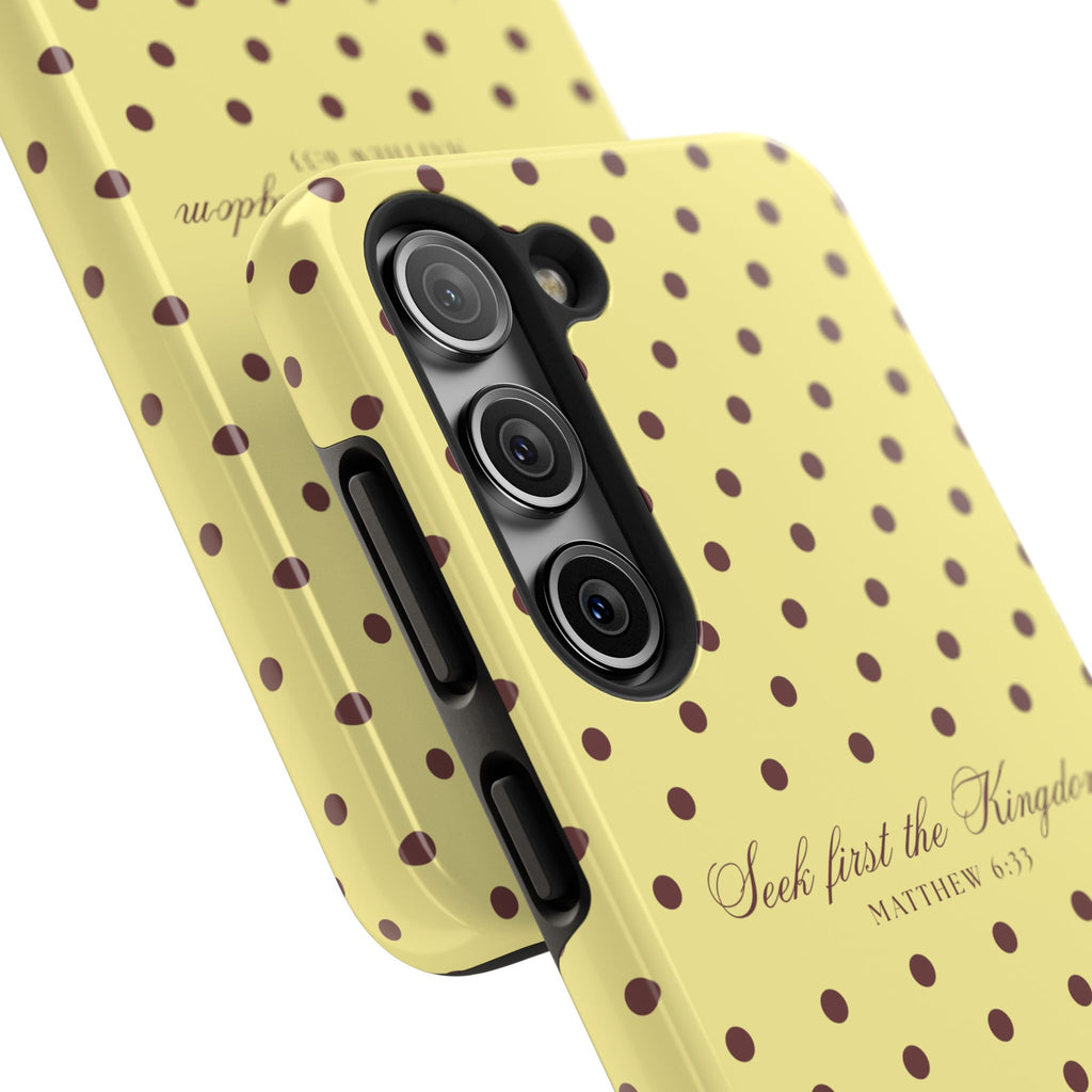 "Seek First the Kingdom" Polka Dot Phone Case — Yellow & Brown