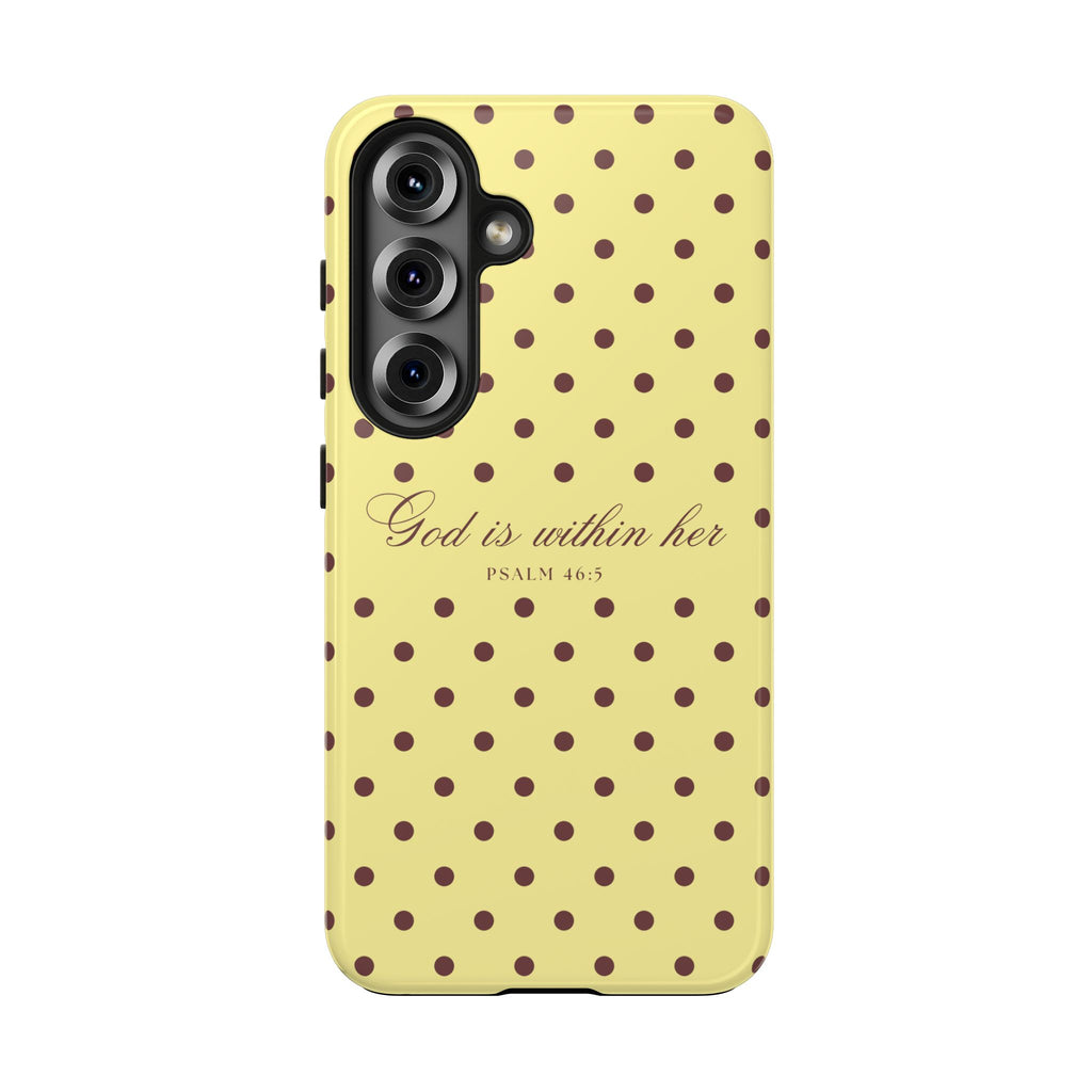 "God Is Within Her" Polka Dot Phone Case — Yellow & Brown
