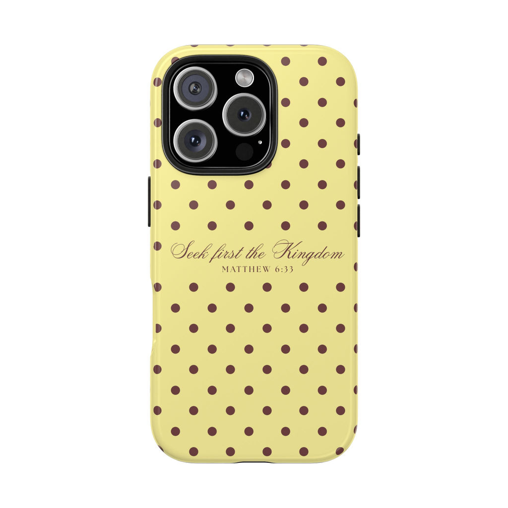 "Seek First the Kingdom" Polka Dot Phone Case — Yellow & Brown